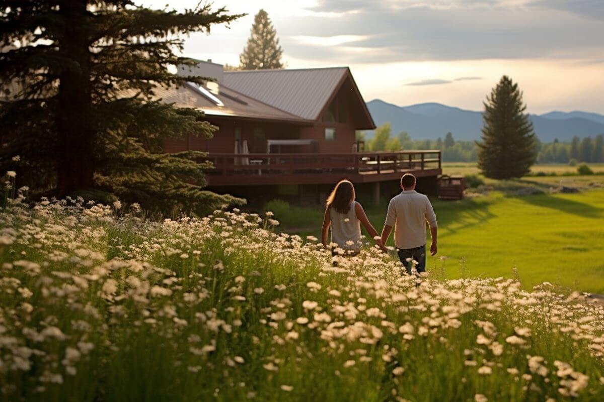 A couple strolling through a picturesque field of wildflowers during their romantic getaway in Montana.