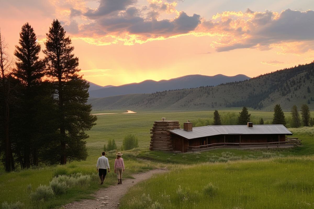 Two people walk down a path toward their cabin during their romantic Montana vacation.