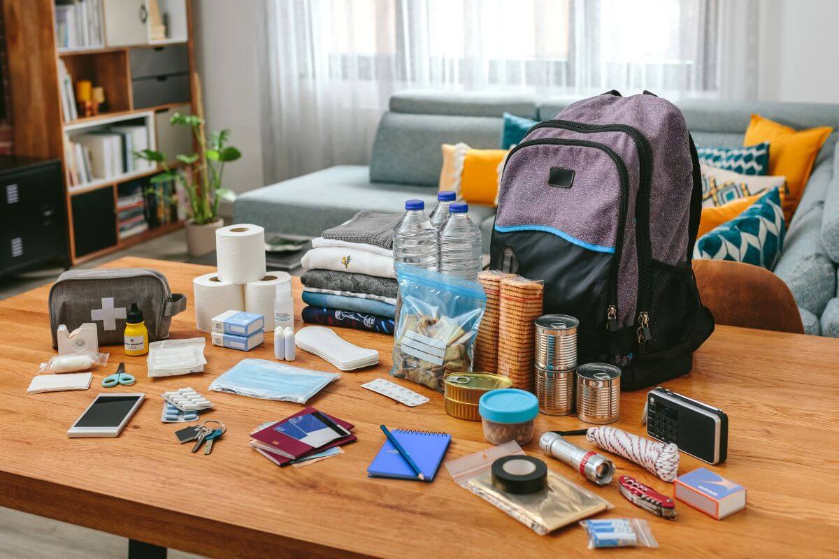A backpack and other items on a table in a living room.