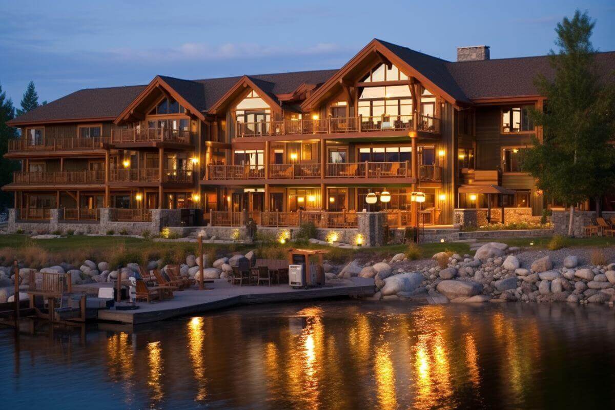 A view of The Lodge at Whitefish Lake in Montana beautifully lit up at dusk.