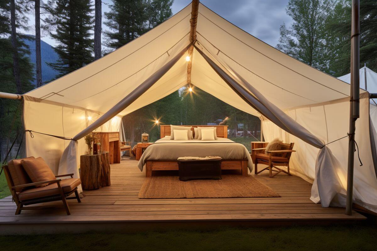 A glamorous tent in the woods with a cozy bed and chairs, offering a unique getaway in Montana.