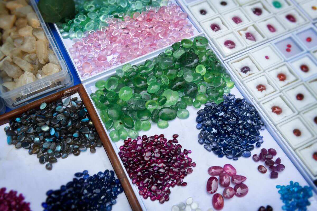 An array of nature-inspired colored gemstones are showcased at a market in Montana.