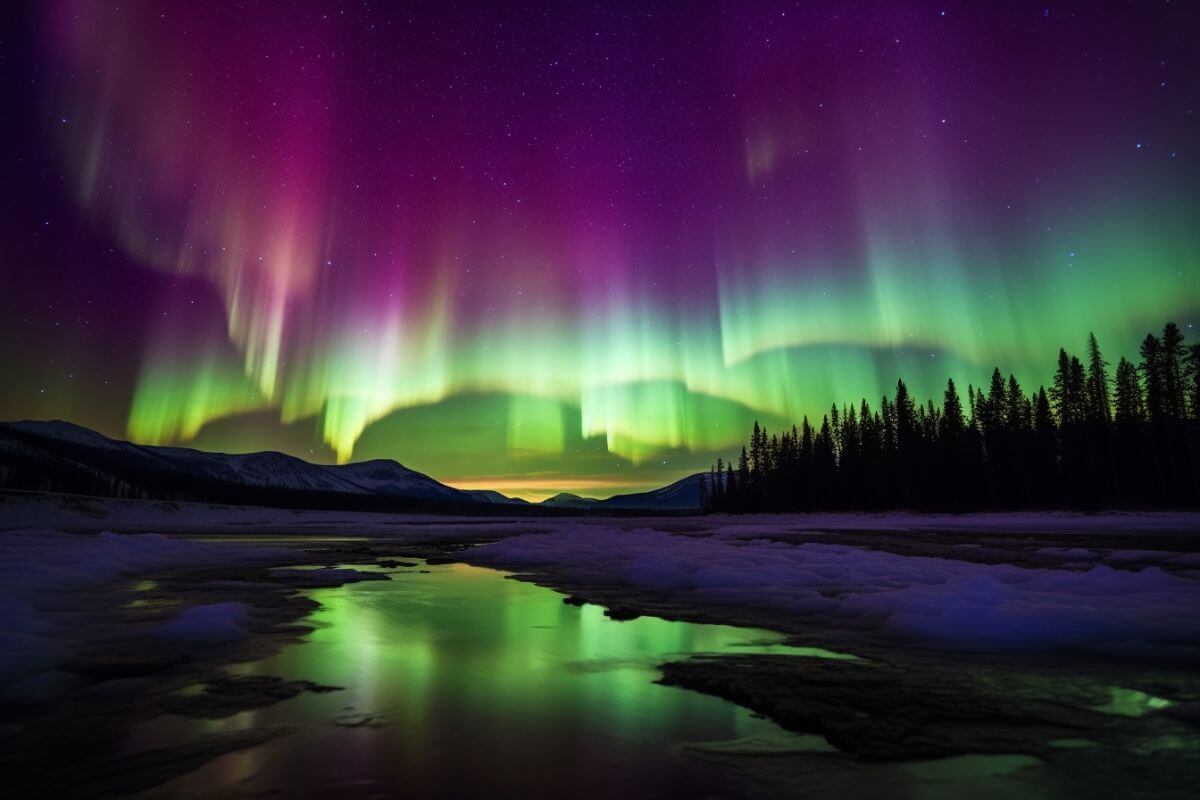 Aurora borealis illuminates a partly frozen lake in Montana as it dances over a mountain range in the background.
