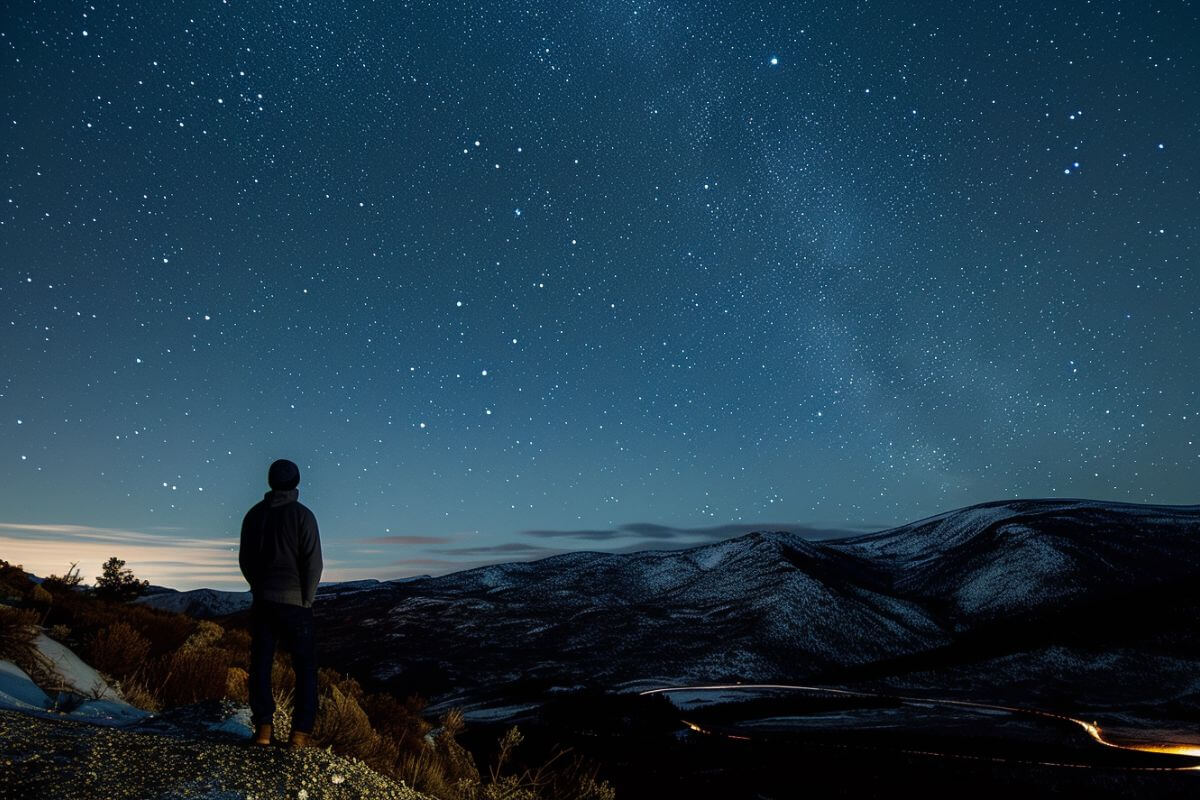 A person standing on a hill gazing at the stars.