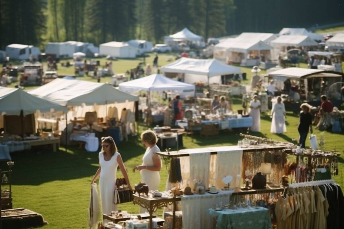 A large outdoor market set up with tents and tables in Montana.