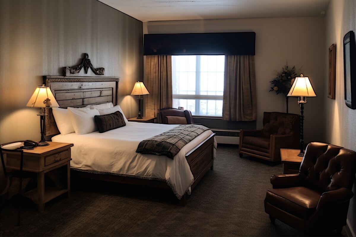 A cozy hotel room in Montana with a comfortable bed and stylish chairs.