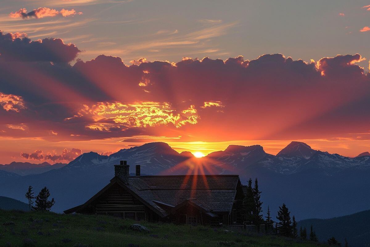 The sun sets behind the mountains in Montana, casting soft, orange rays of light onto a cabin.
