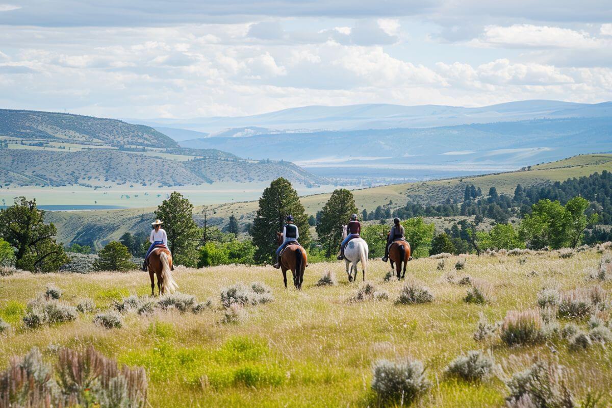 A group of people riding horses in a grassy field in Livingston, Montana.