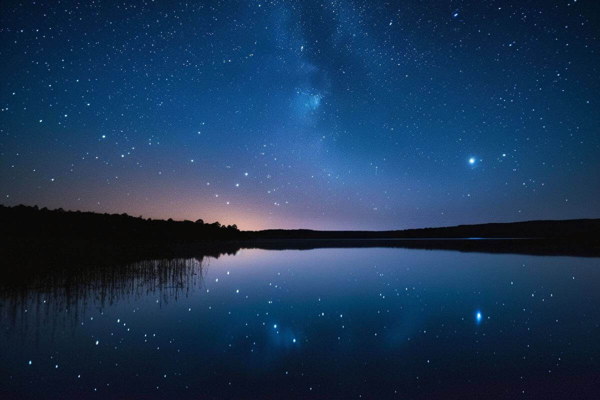 The stars are reflected in a lake under a night sky.