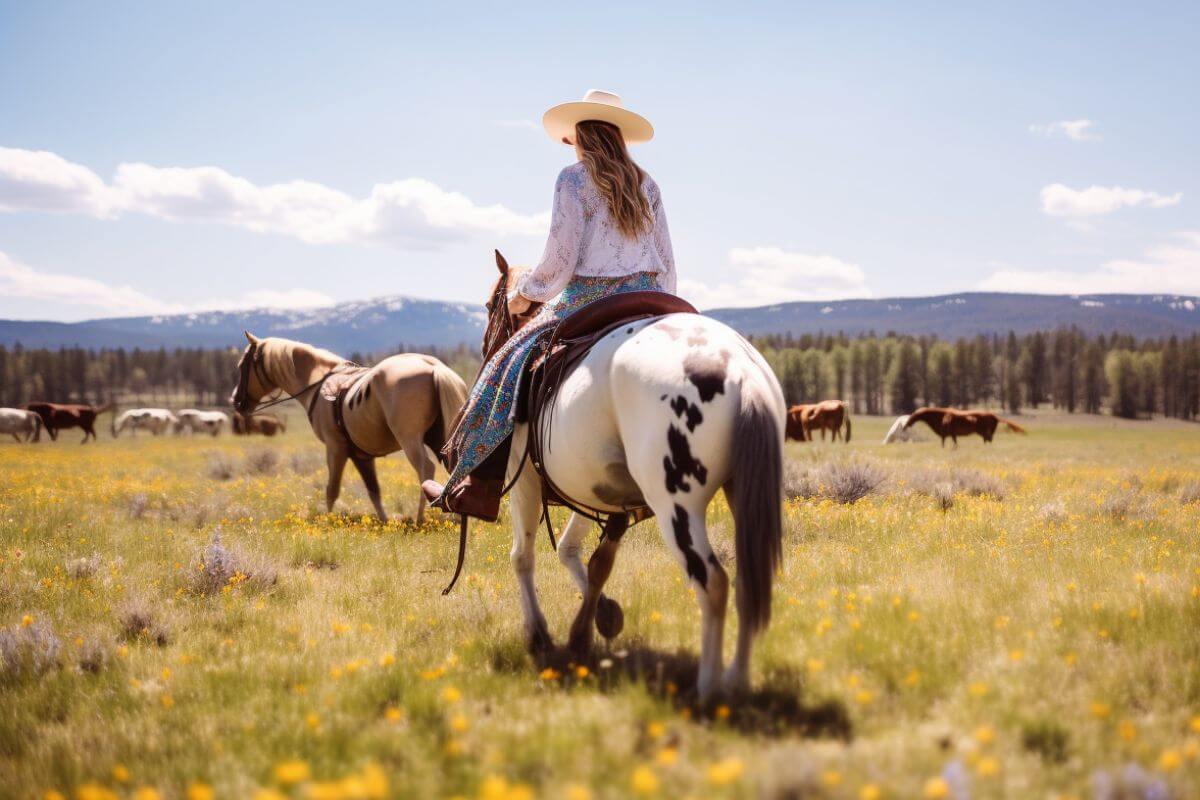 A woman riding a horse with other horses in the background at a Montana ranch.