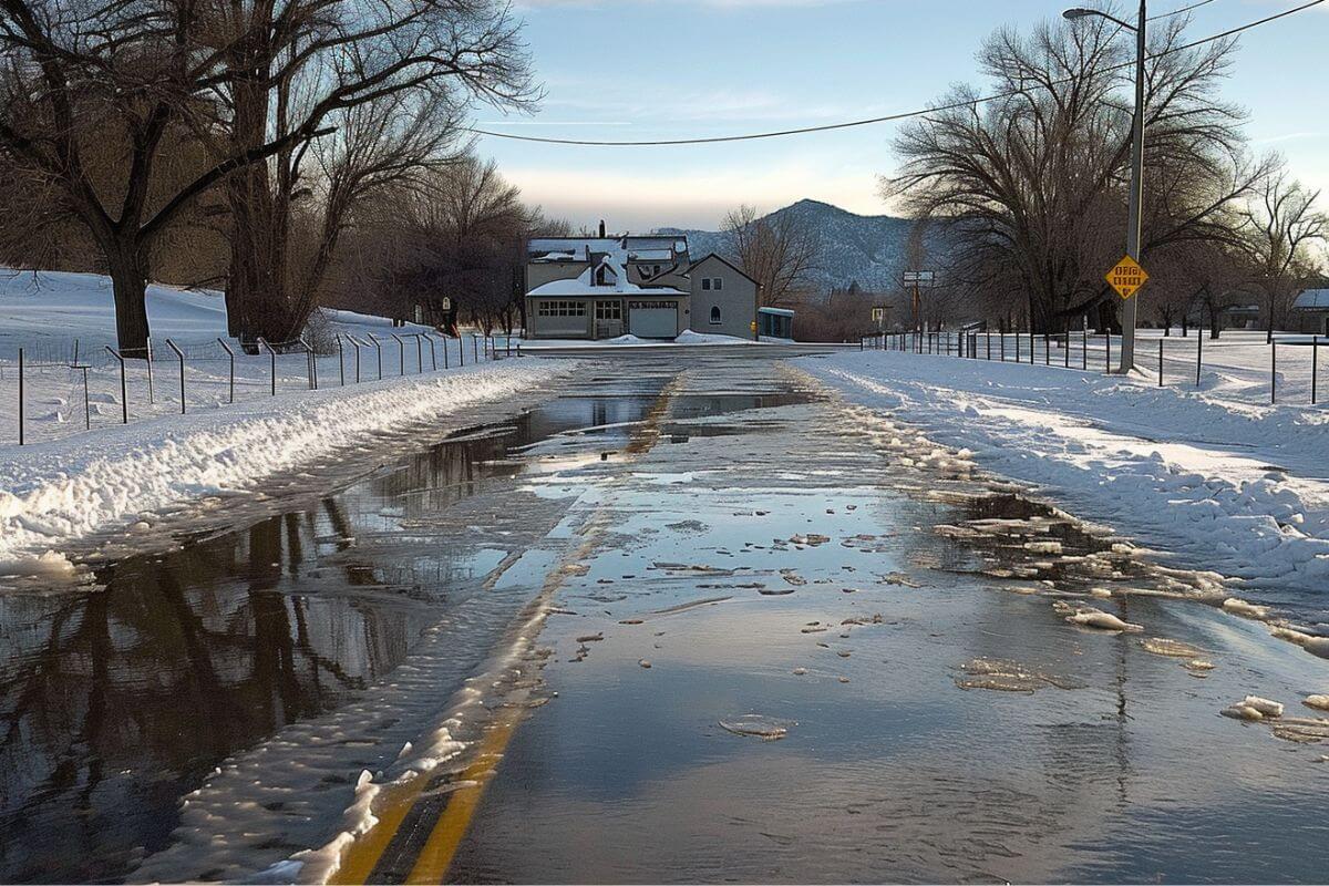 A street in Montana is wet from melted snow