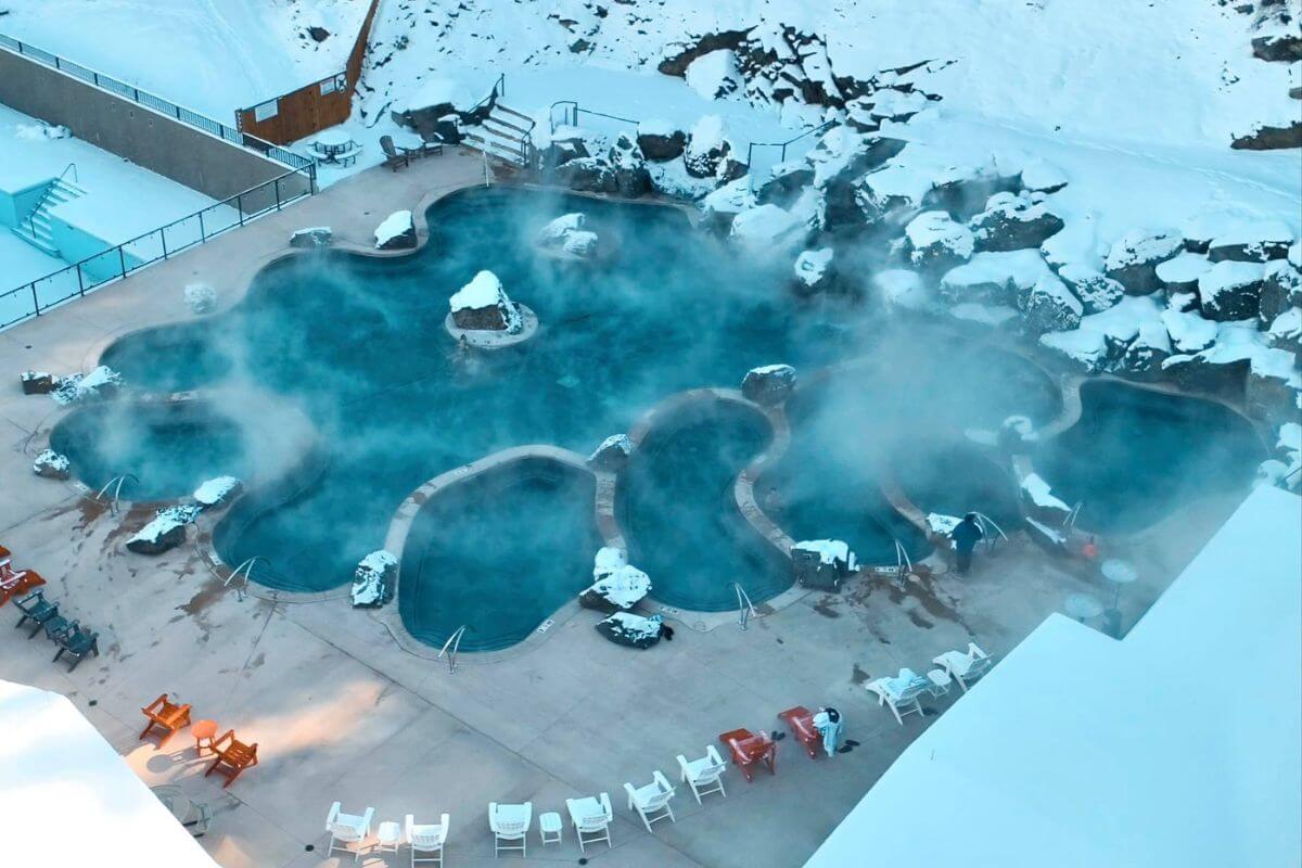 An aerial view of Quinn’s Hot Springs amid Montana's snowy landscape