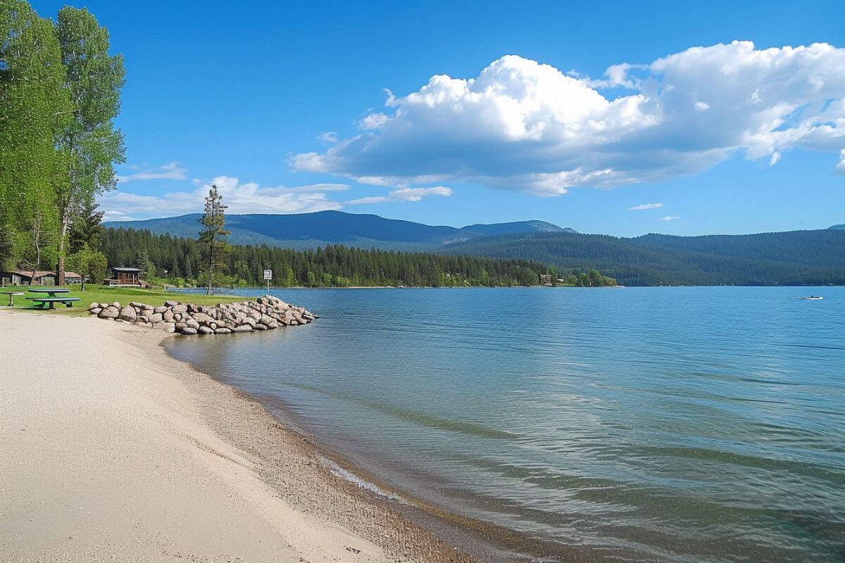 Whitefish City Beach in Montana, next to a lake with mountains in the background.