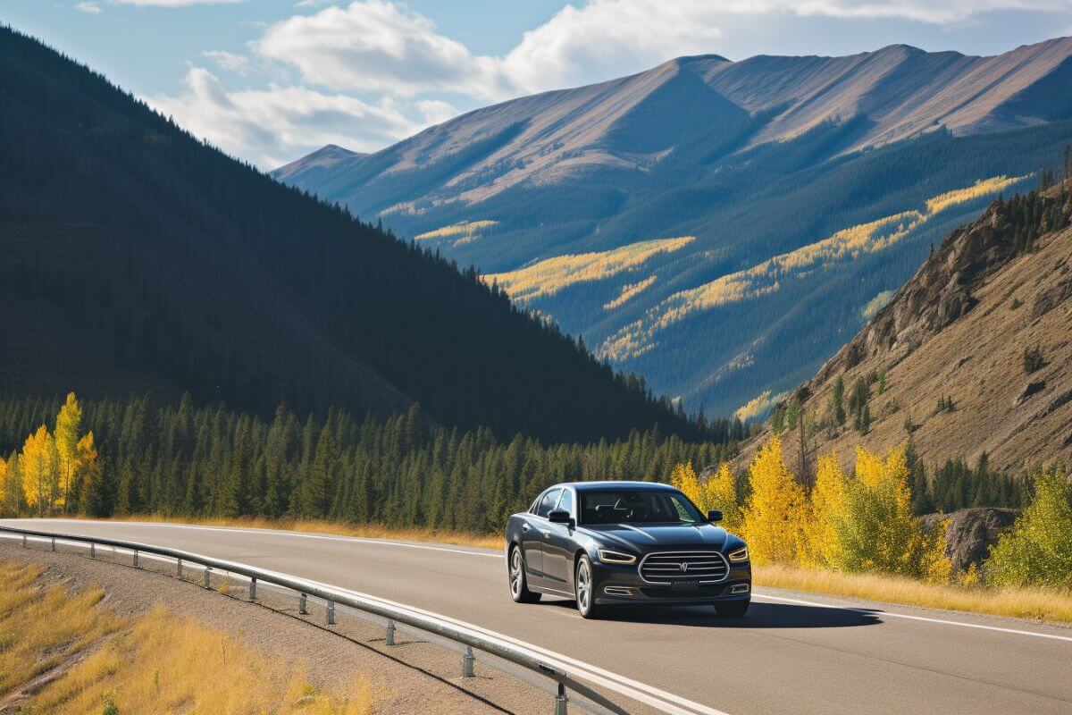 A black car drives down a mountain road in Montana with scenic mountains in the background.