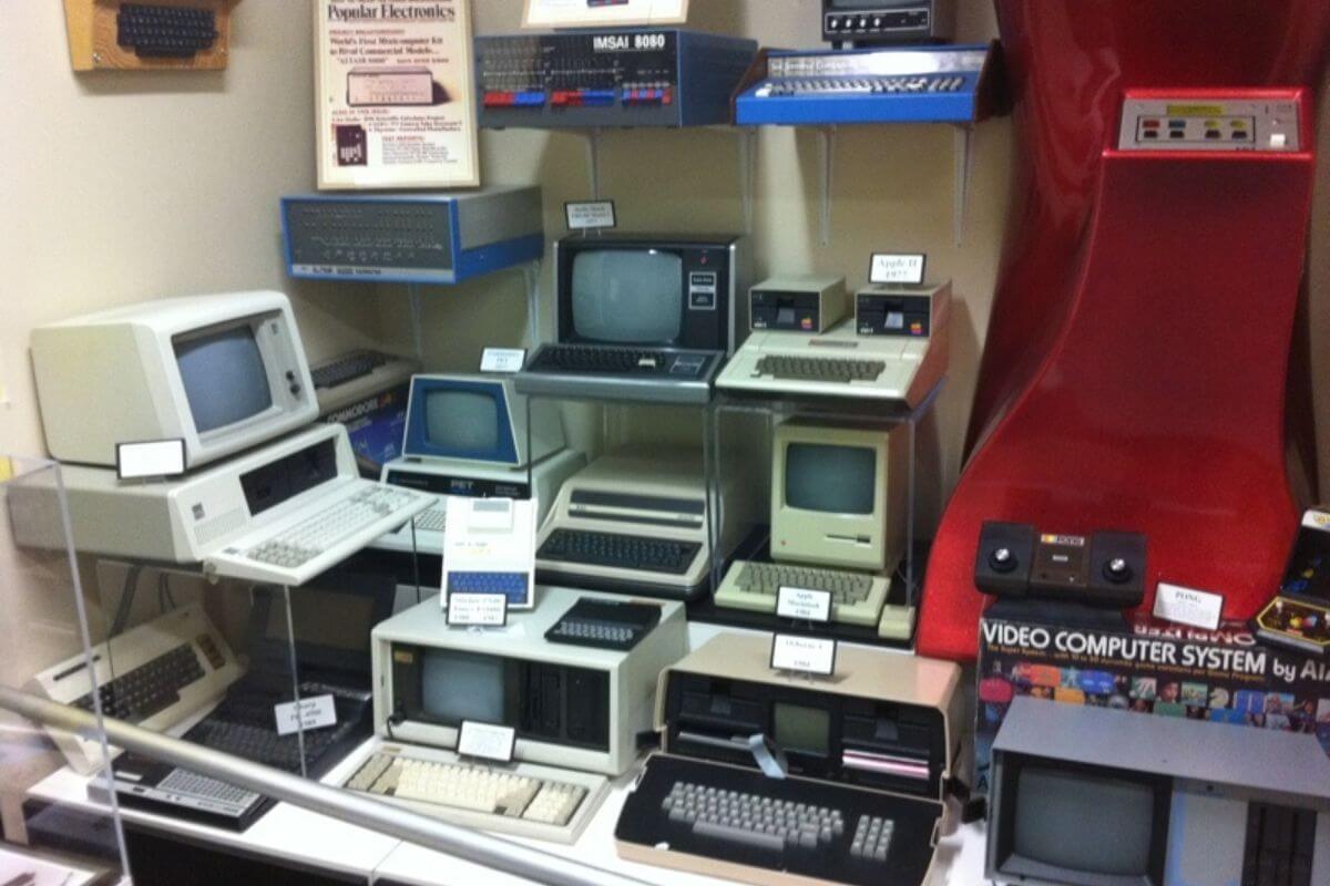 A collection of old computers on display in the American Computer and Robotics Museum.