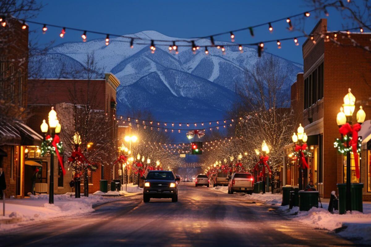 A festive street adorned with Christmas lights, nestled beneath the majestic beauty of a Montana mountain.