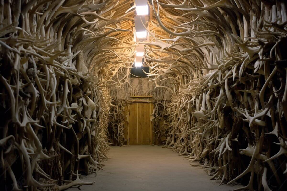 A hallway adorned with a collection of antlers in Jim's Horn House in Montana.