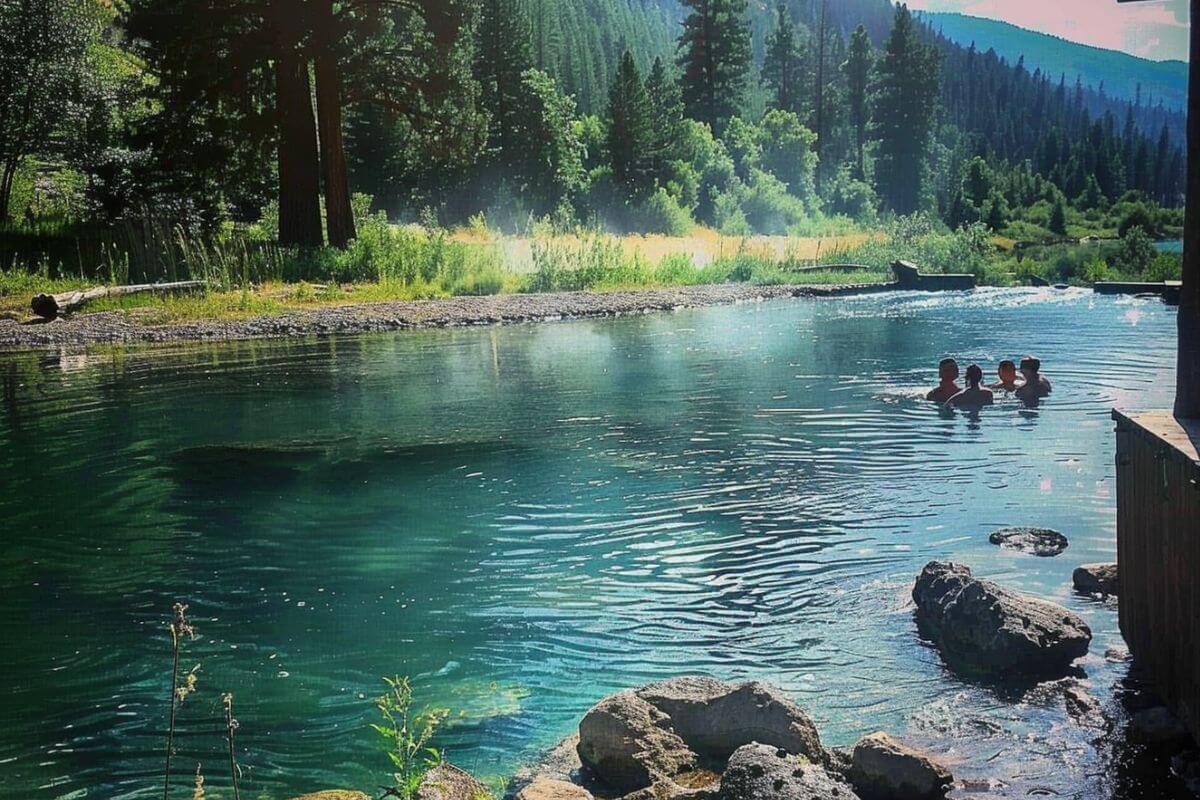 A group of people enjoy a relaxing swim in Nimrod Warm Springs amid Montana's natural landscape.