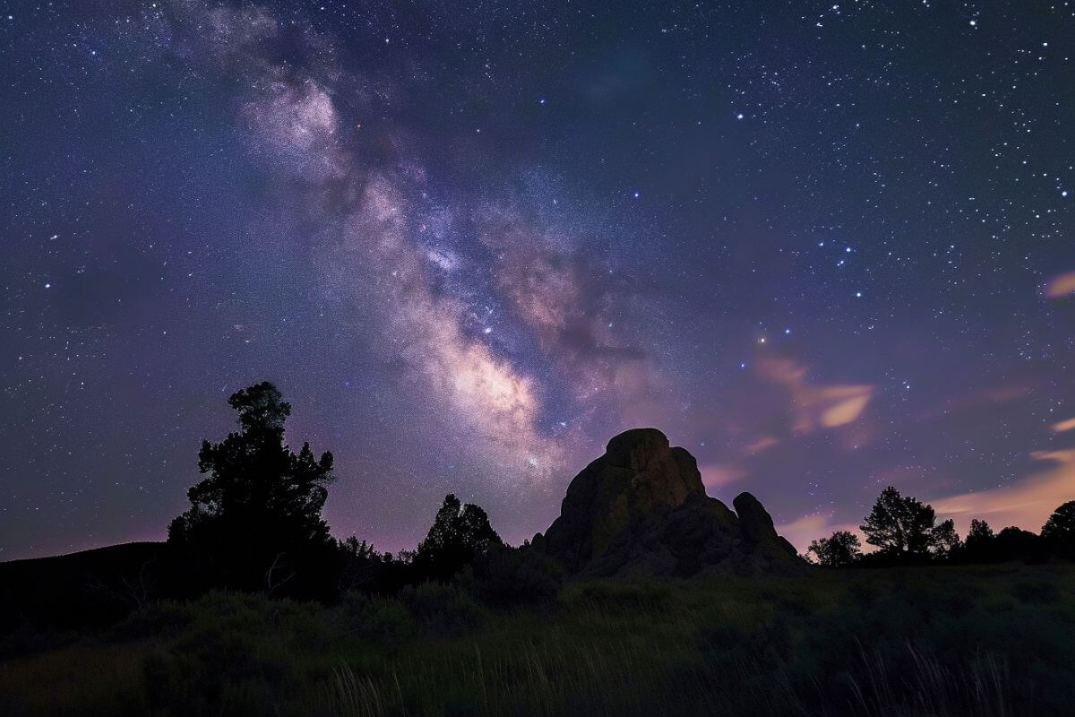A starry sky over a rocky mountain.