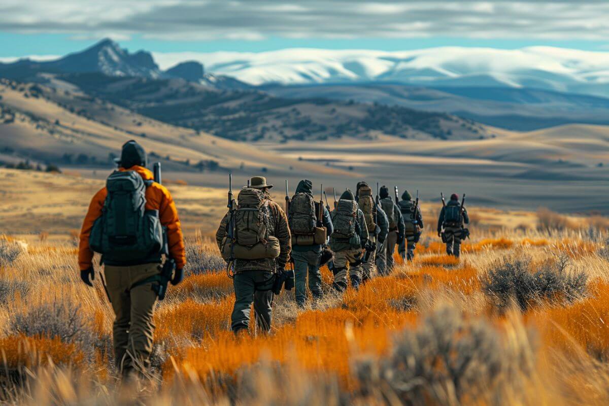 A group of hunters and outfitter guides with backpacks walking in a line through an autumn-colored grassy field in Montana.