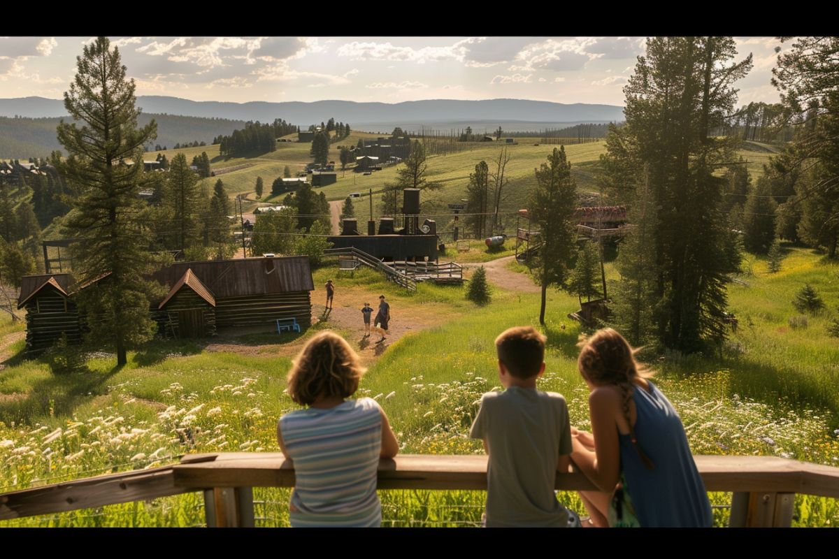 Three children gaze down from a wooden balcony onto a serene scene featuring a wooden barn, a grassy landscape, and distant mountains in Montana.