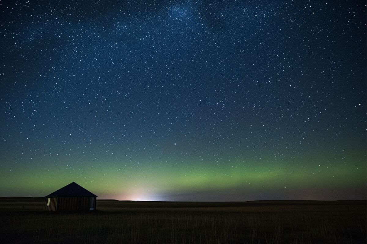 Aurora borealis lighting up the Montana night sky over a shack in the middle of a prairie.