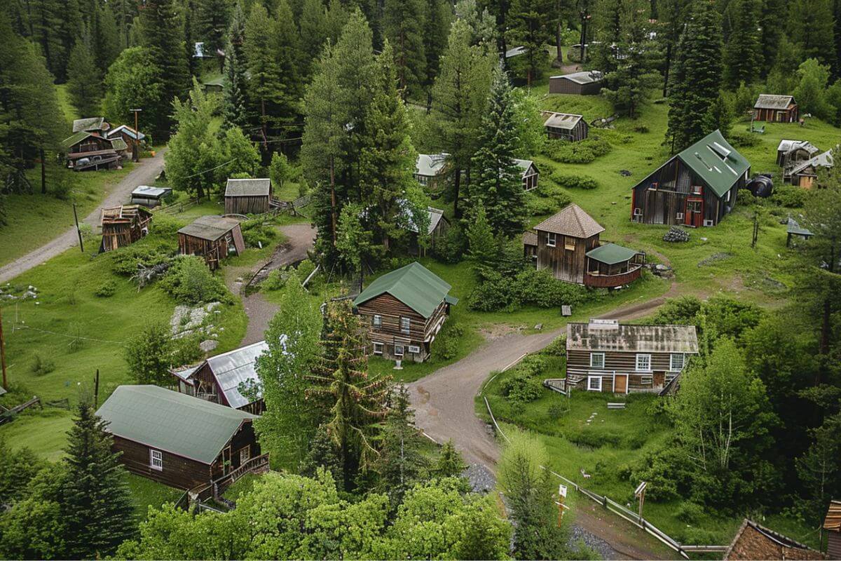 An aerial view of Garnet Ghost Town with tall pine trees and a dirt road.