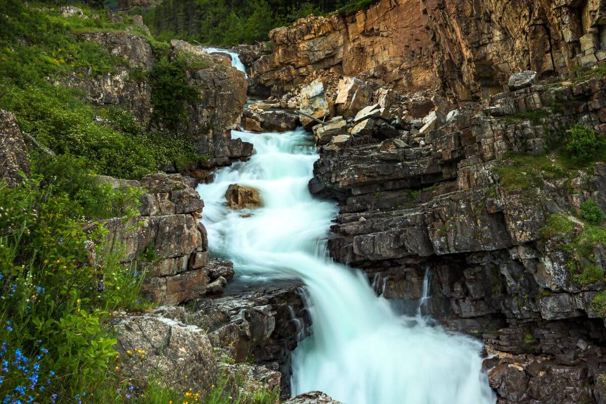 A rocky, sloping section of Swiftcurrent Creek, where Swiftcurrent Falls cascades, features a faster water flow.