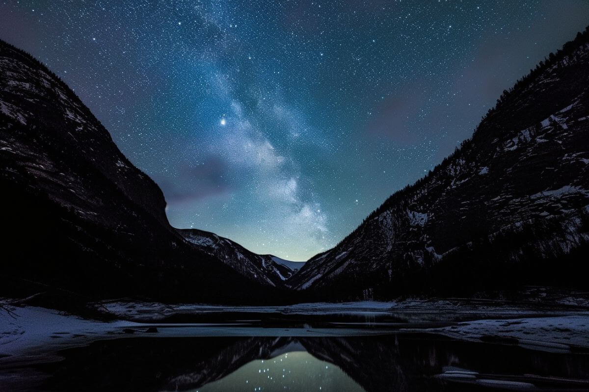 A lake in the mountains at night.