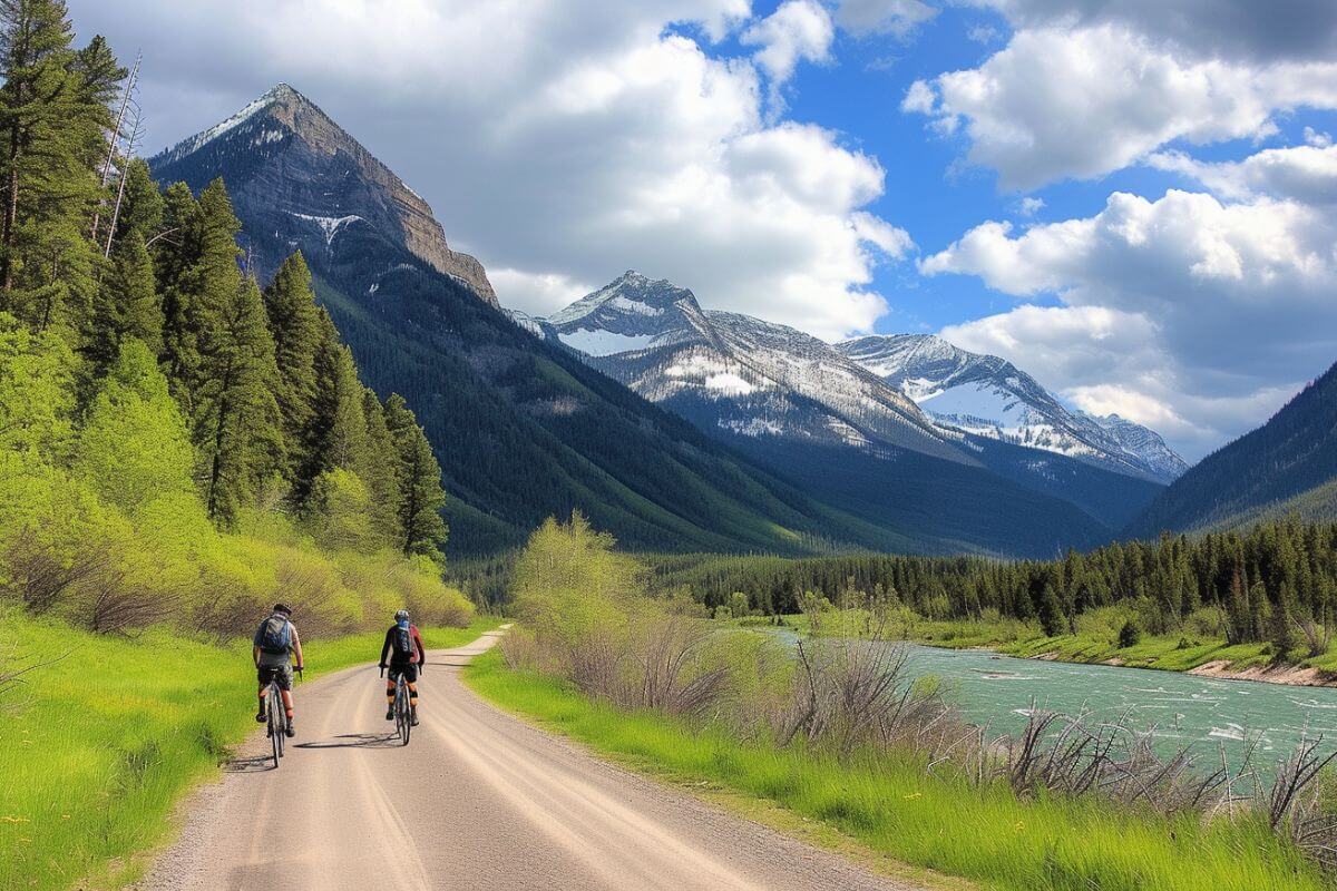 Two people riding bikes on a dirt road in the mountains of Glacier National Park, Montana.