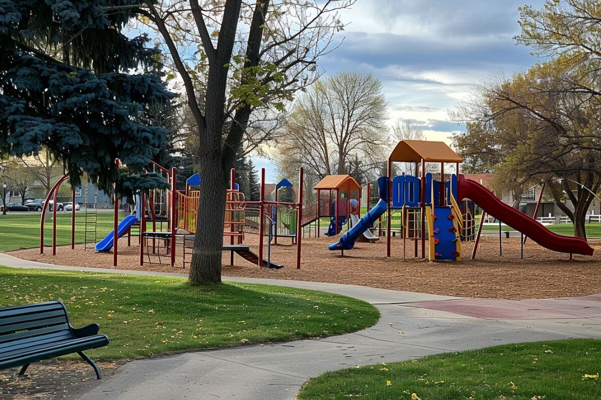 Billings Local Community Park, featuring benches and a playground, located near Castle Rock.