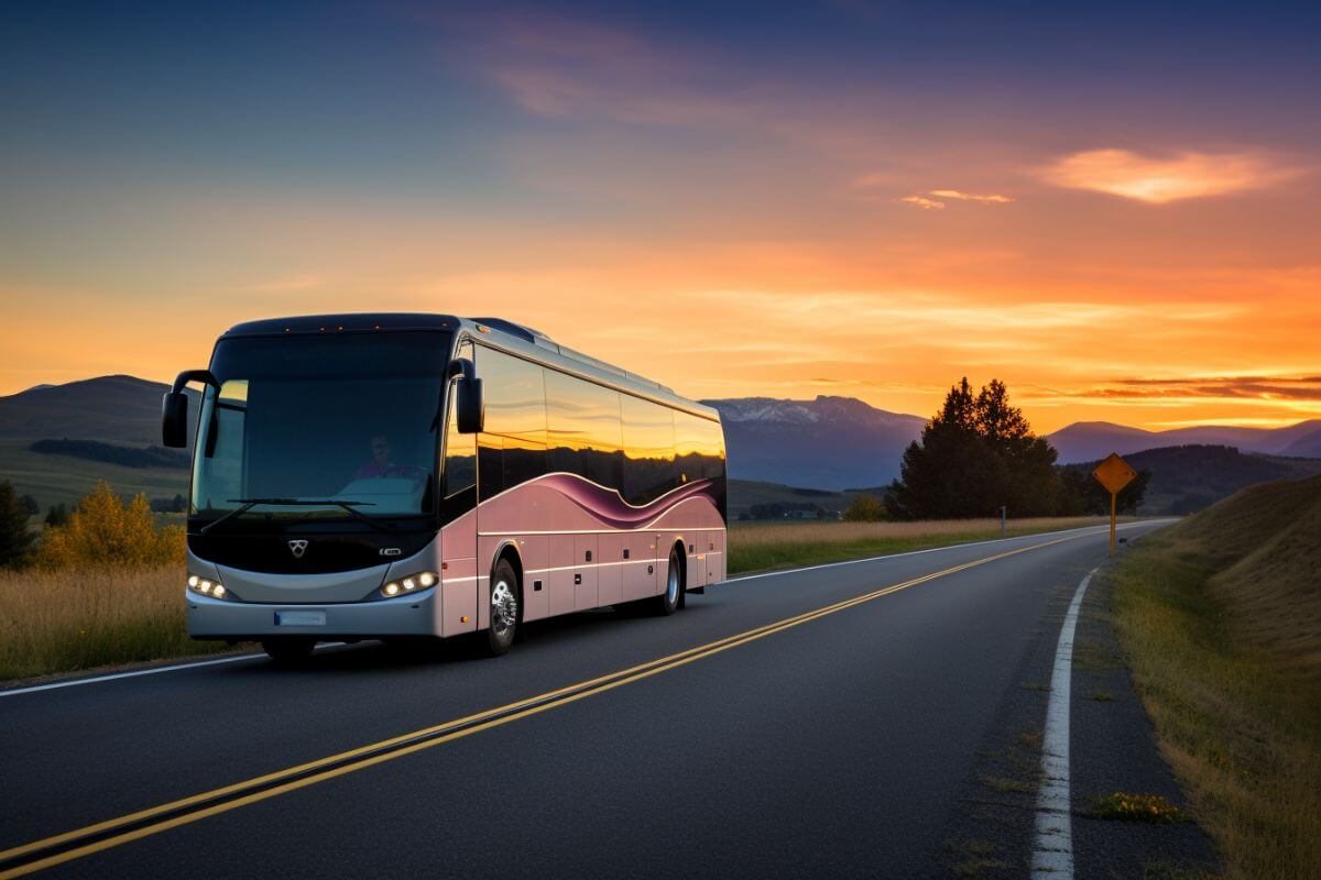 A bus driving down a road in Montana at sunset.