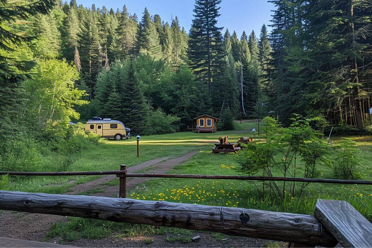 A camping area near Pinkham Creek with two small trailers and a wooden cabin surrounded by a lush green forest. 