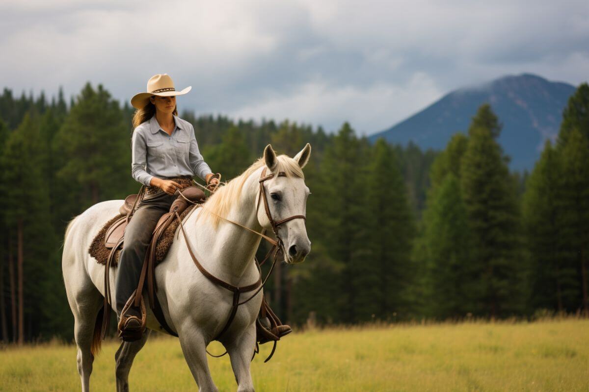 A woman riding a horse on a Montana ranch with mountains in the background.