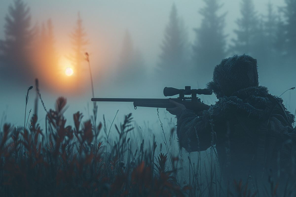 A hunter takes aim at his prey from behind the tall grass at dawn during Montana's shoulder season.