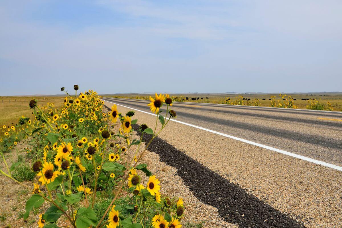 A road with sunflowers in a deserted road in Montana.