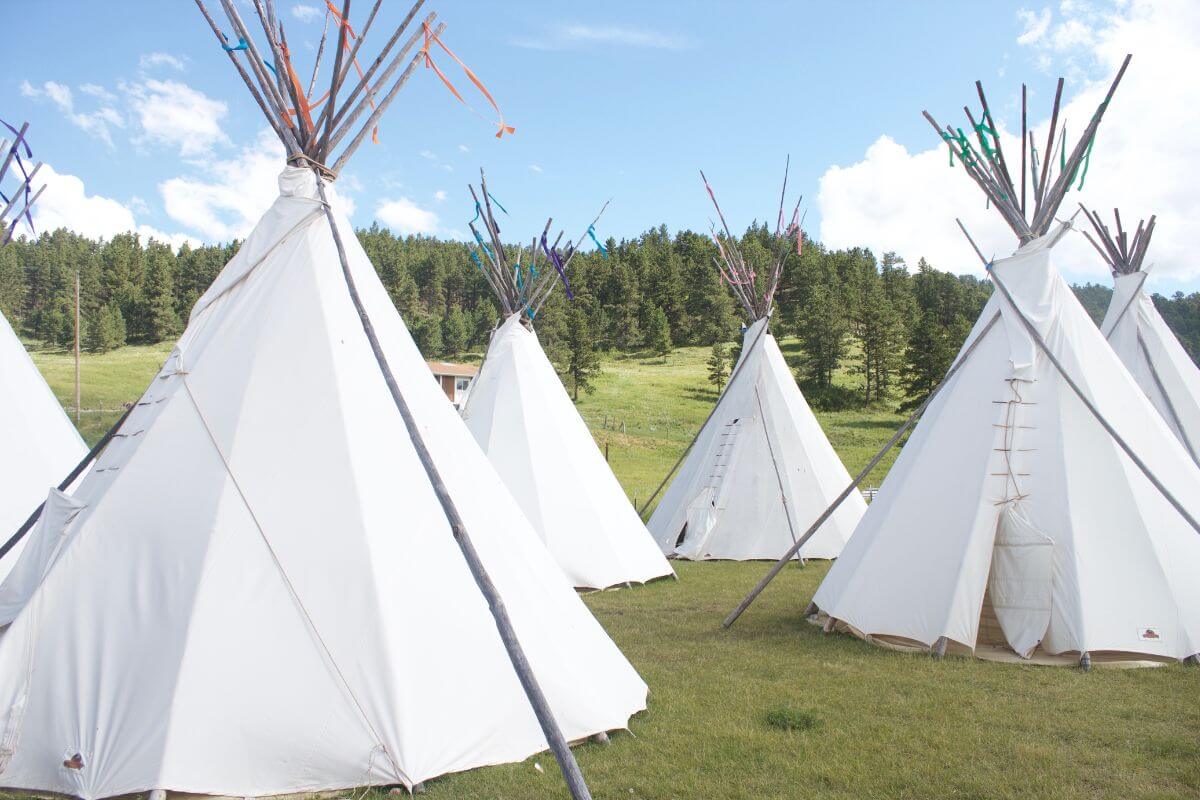 A group of unique white teepees on a grassy field, offering the perfect getaway in Montana.