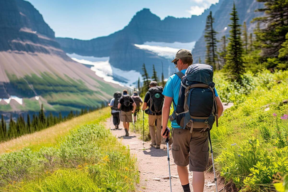 A group of hikers on the best trail in Glacier National Park, Montana.