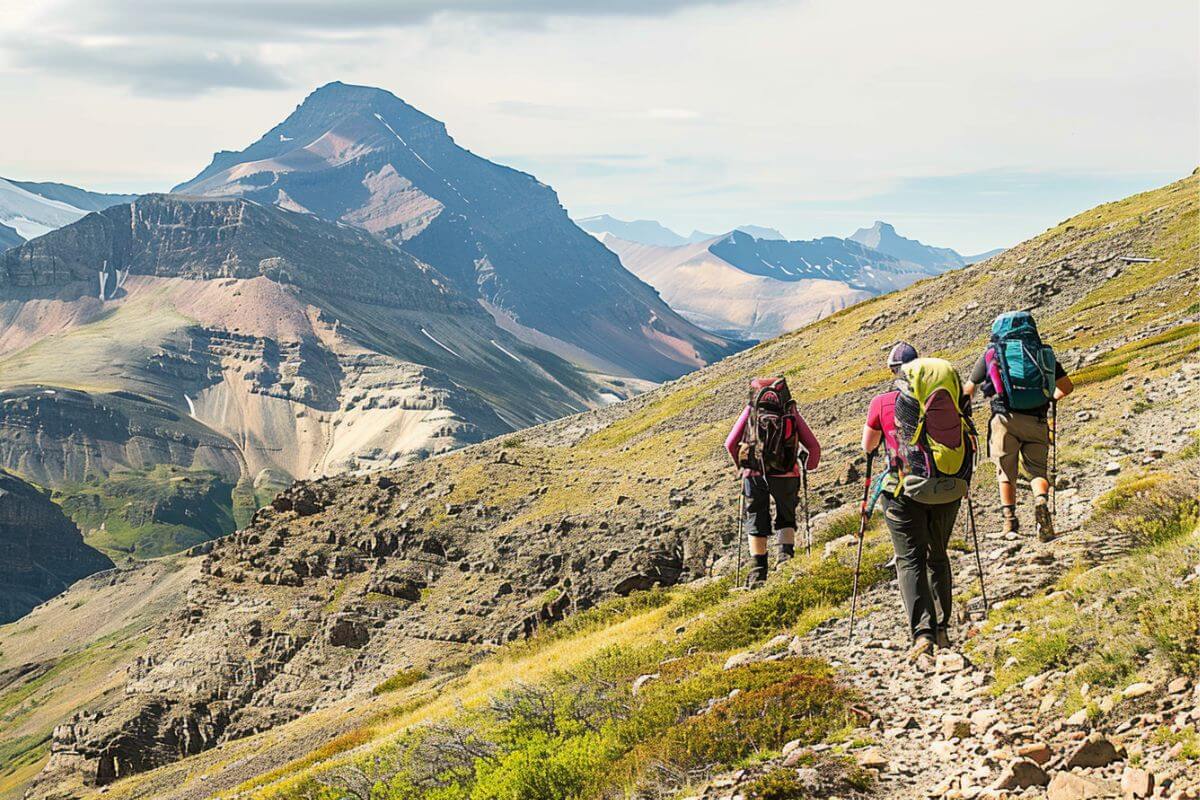 A group of hikers on a rocky trail in the mountains of Glacier National Park in Montana
