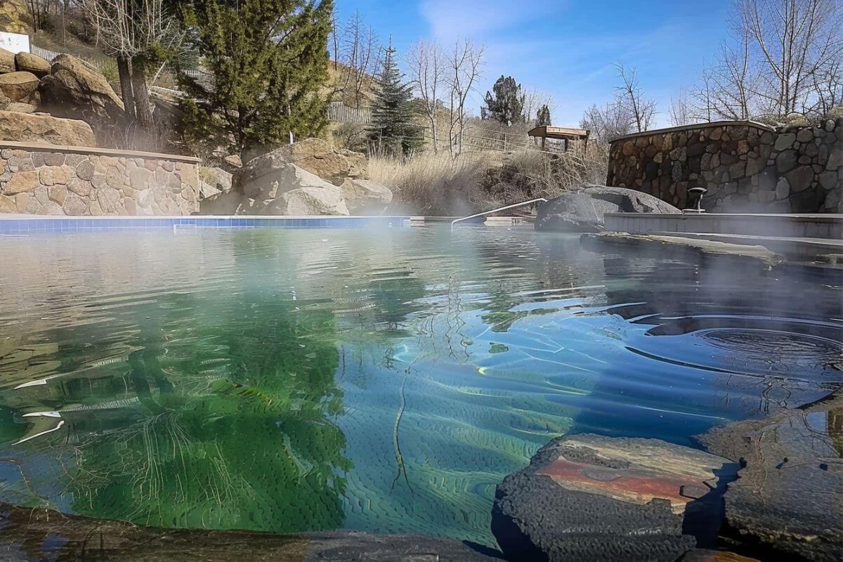 Steam rises from a hot spring pool at Broadwater Hot Springs on a clear, sunny day.