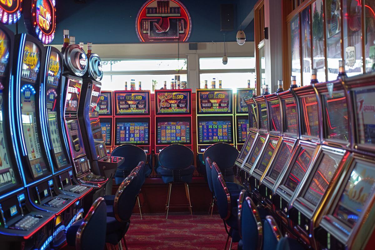 A row of slot machines in KwaTaqNuk Resort & Casino.