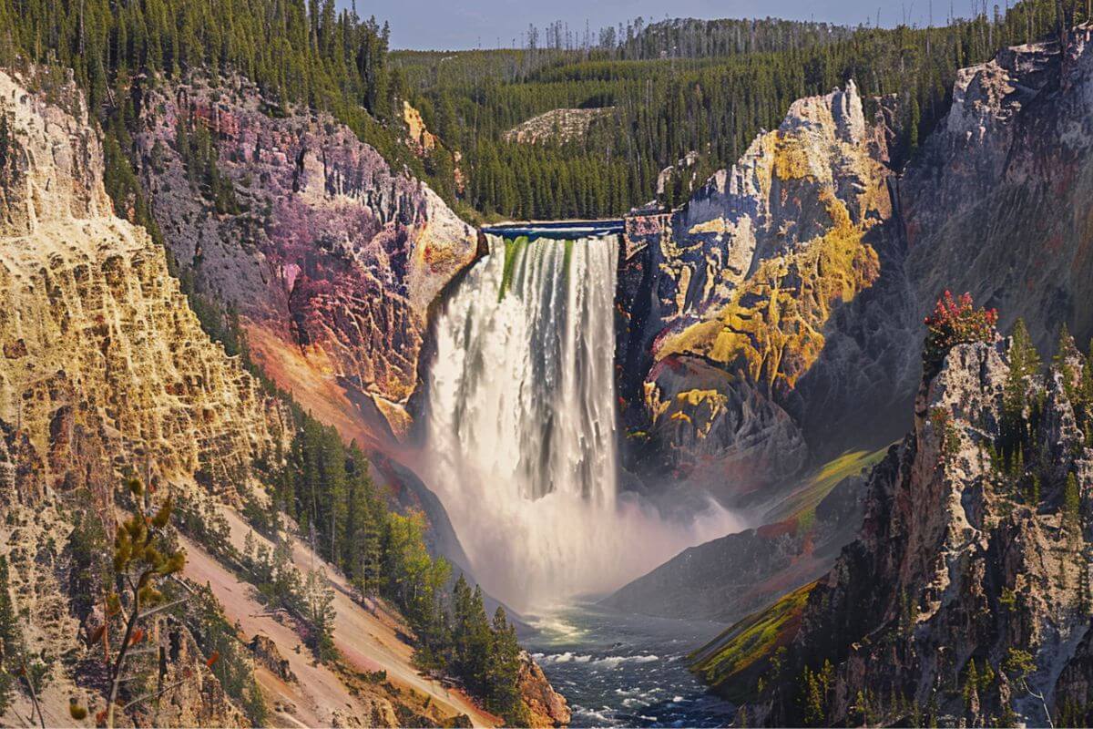 Lower Falls majestically cascades into a vibrant, colorful canyon with a serene river below, framed by lush forests and clear skies in Montana.