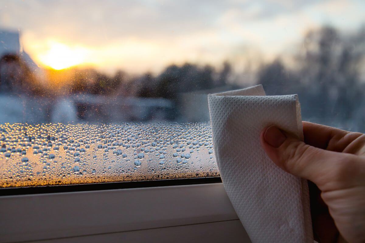 A person is wiping a humid window with a tissue in Montana.
