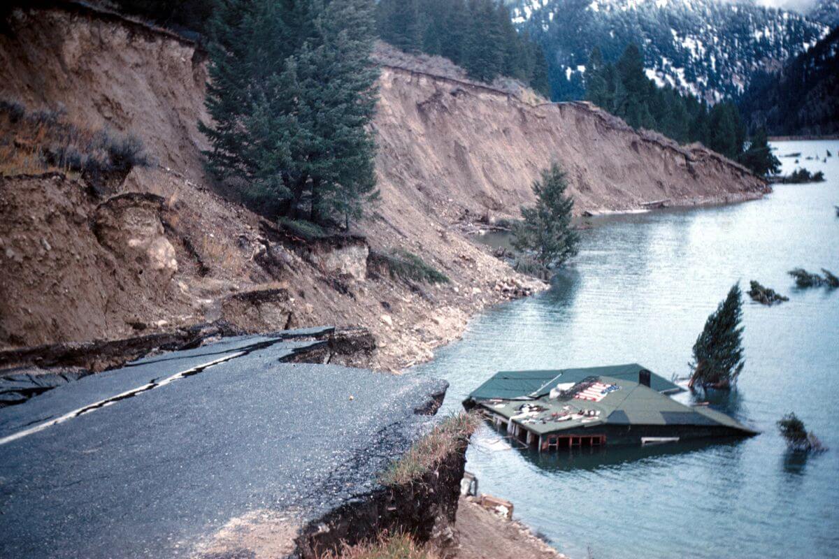 A house submerged in a river beside a cliff caused by an earthquake in Montana