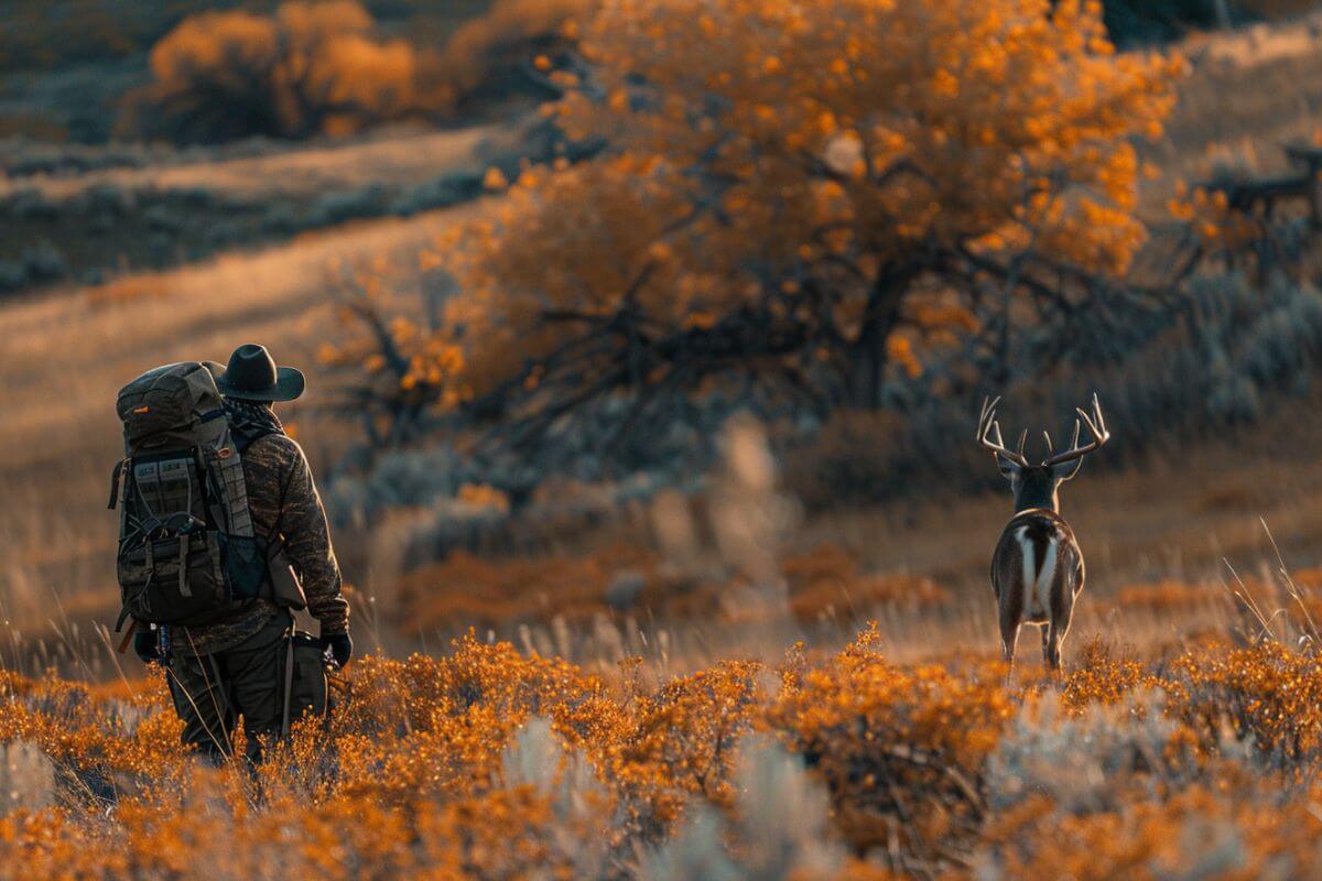 A hunter stands behind an unsuspecting mule deer in a field in Montana during a DIY hunting trip.