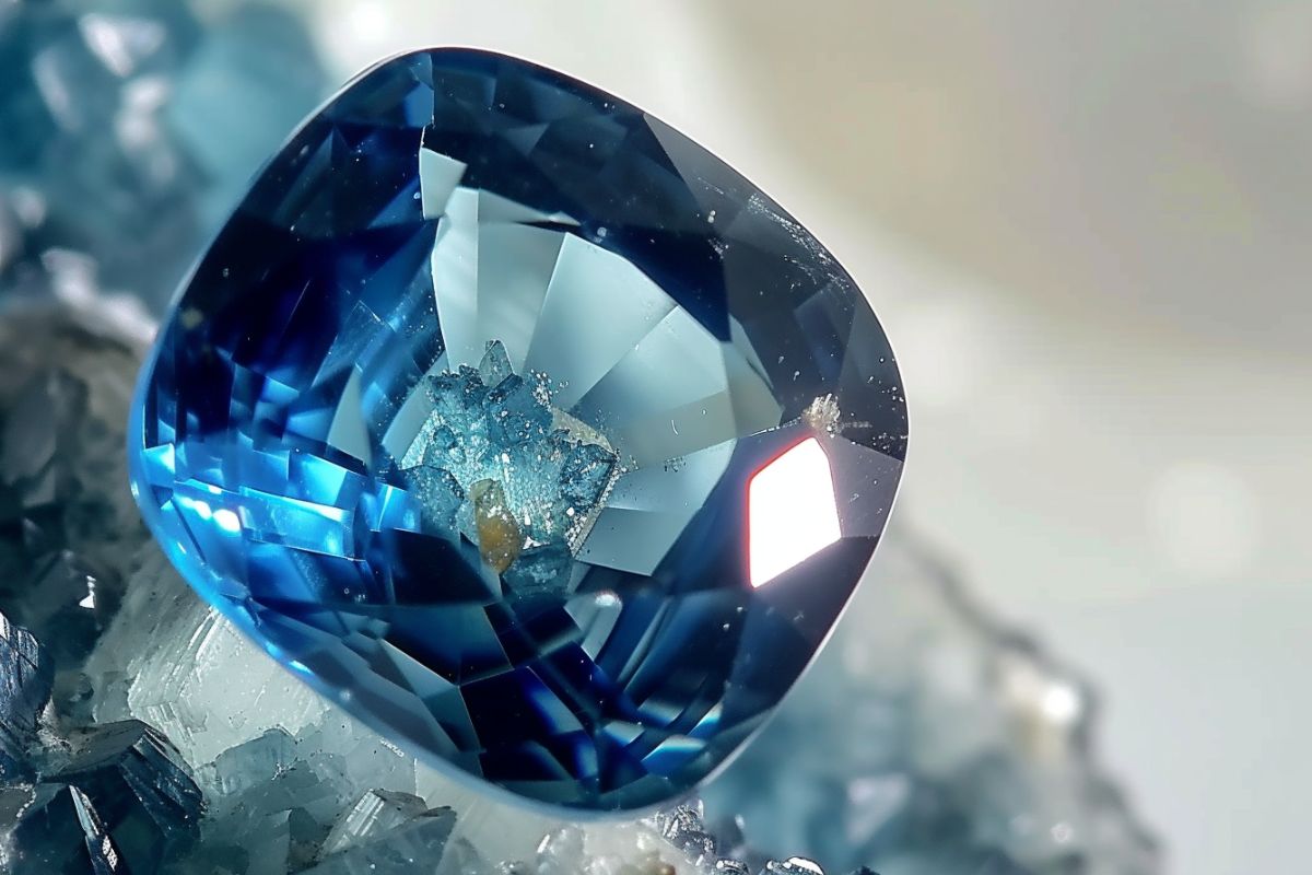 A close-up of a blue Montana sapphire sitting on top of a rock.