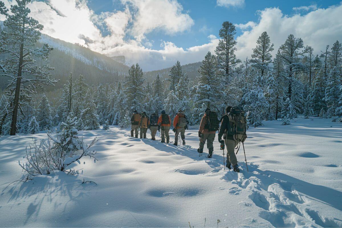 A group guided by a Montana whitetail outfitter make their way through the snow in search of whitetail deer.