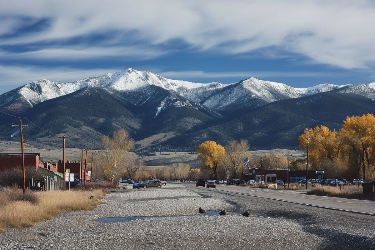 Livingston, a city in Montana, nestled beneath snow-capped mountains.