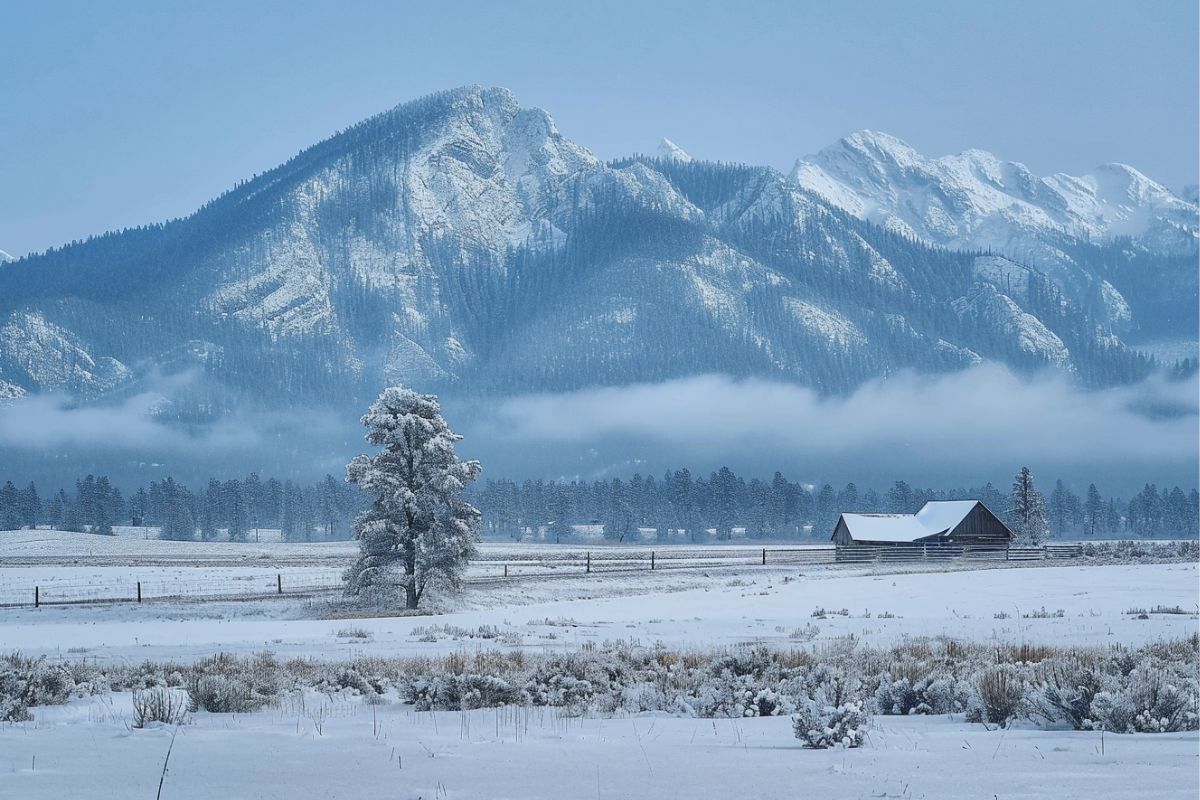 A barn nestled in the snowy landscape of Montana, framed by mountains.