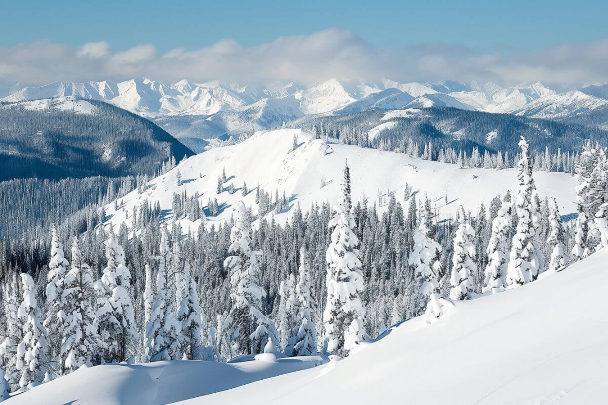 A snow-covered mountain range with trees covering the slopes